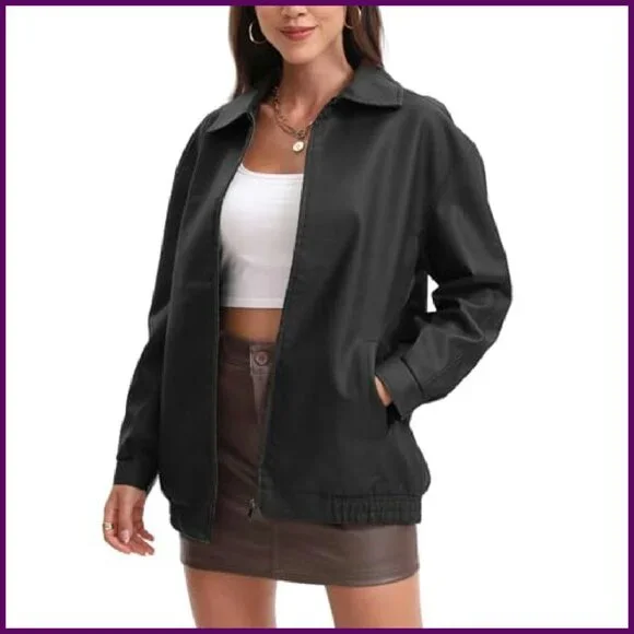 Oversized Faux Leather Motorcycle Jacket, Loose Fit Zip Up